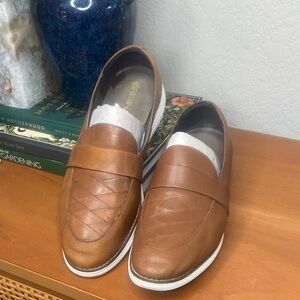 Cole Haan Brown Leather Slip-On Woven Top Loafers Cognac